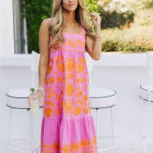 Vibrant Pink and Orange Floral Maxi Dress